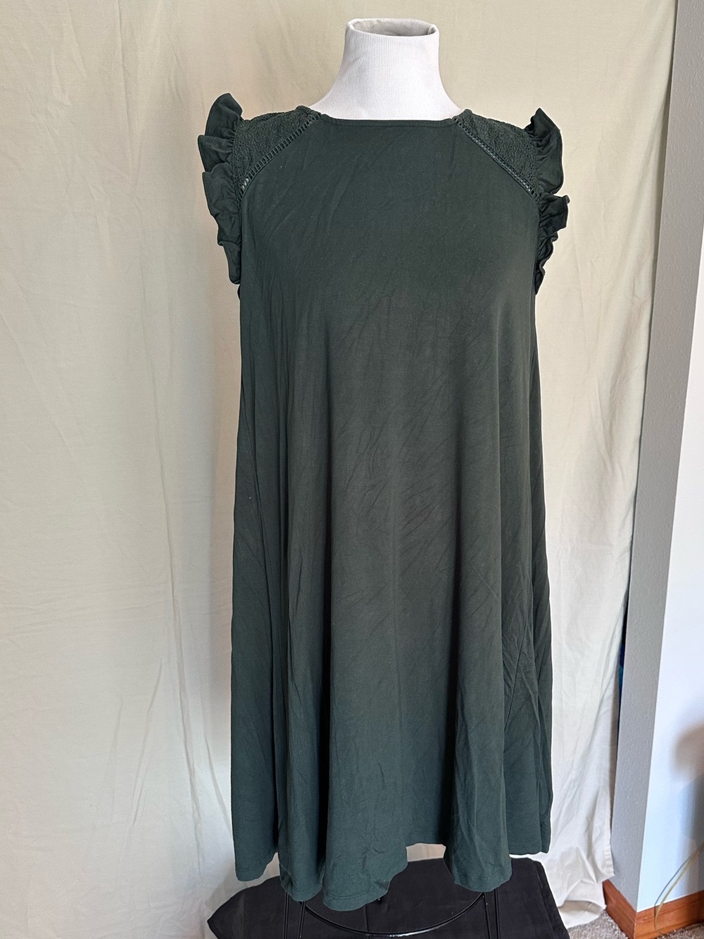 LOFT Dark Green Ruffled Swing Mini Dress pine large lace sleeveless comfy